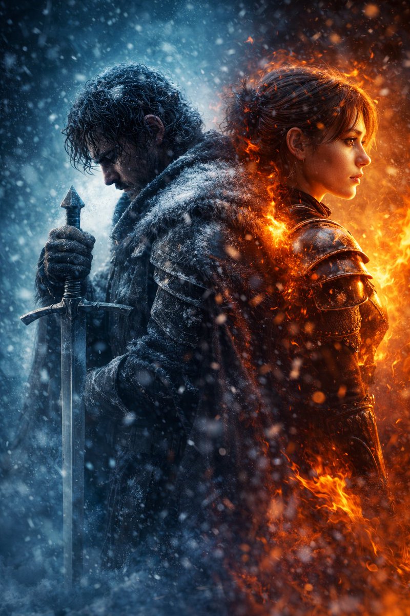 A dramatic cinematic poster-style portrait of two epic fantasy warriors standing back-t...