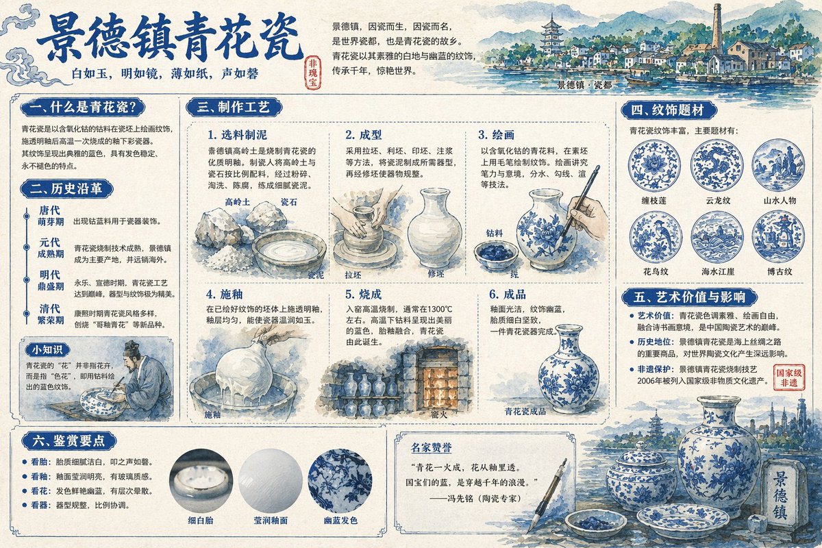 Generate a detailed explanatory diagram of Jingdezhen blue and white porcelain, accompa...