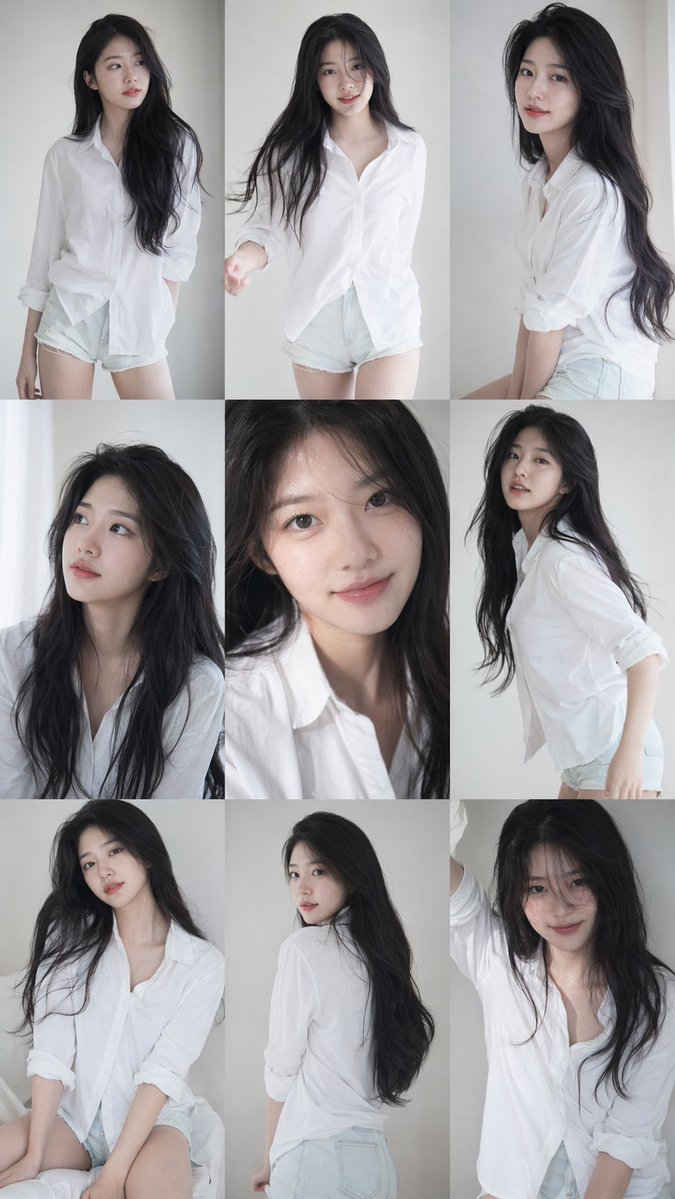 9:16 vertical — a 3x3 grid collage (nine images) forming a Korean idol portrait photosh...
