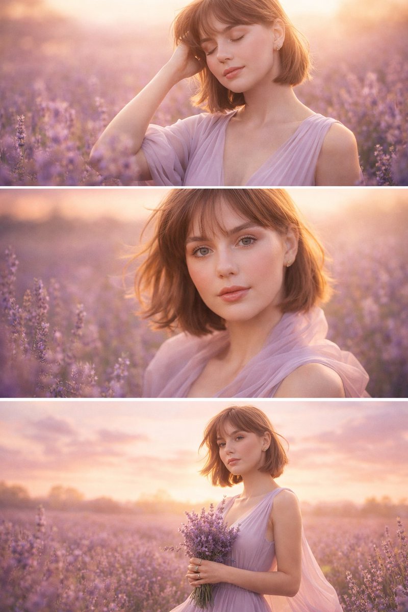Horizontal triptych of a woman in a lavender field at sunrise
