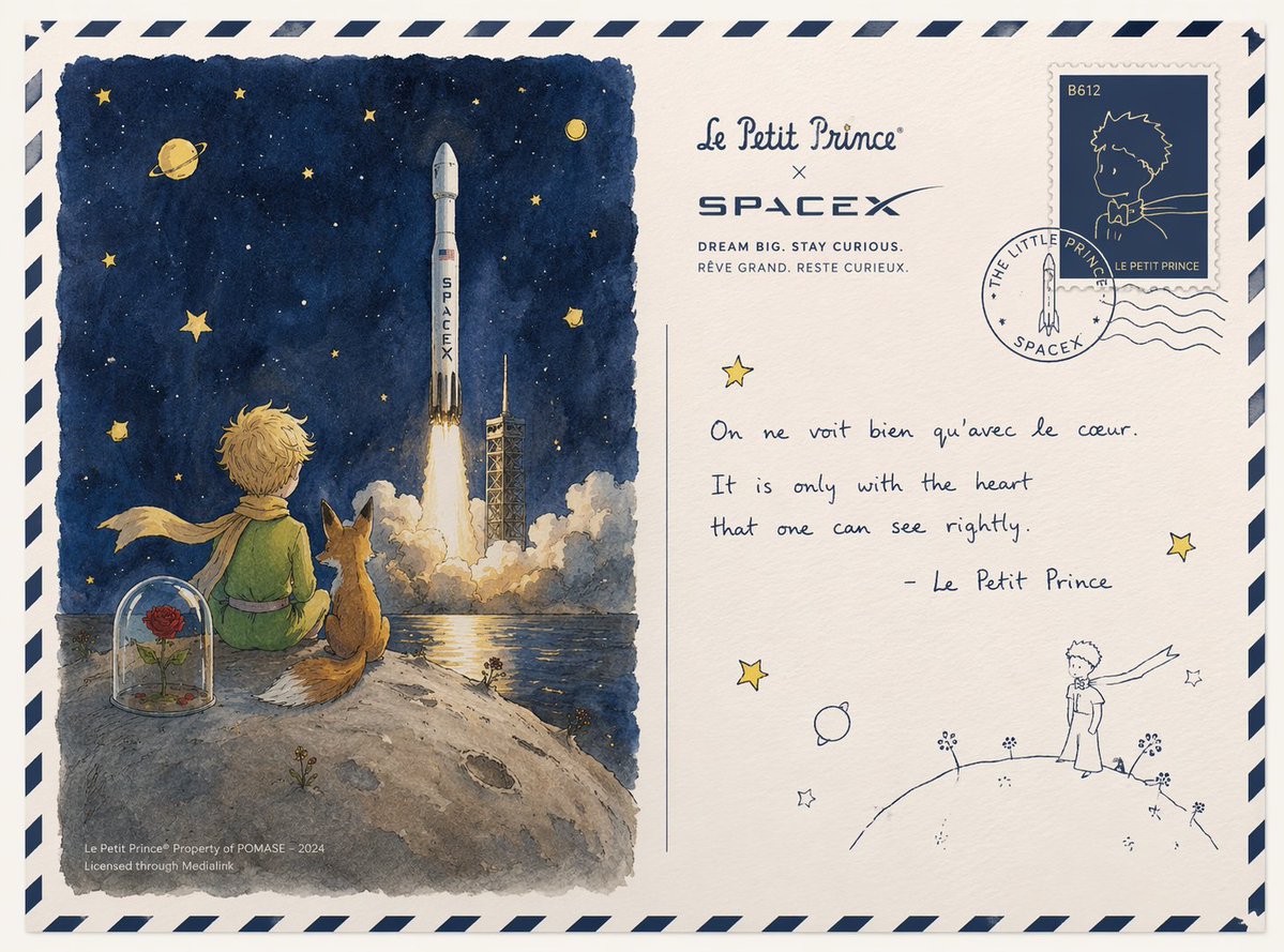 Design a postcard co-branded by The Little Prince and SpaceX