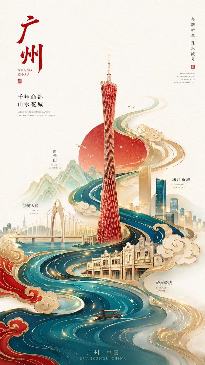 Neo-Chinese minimalist style high-end city poster, 9:16 vertical composition, with Guan...