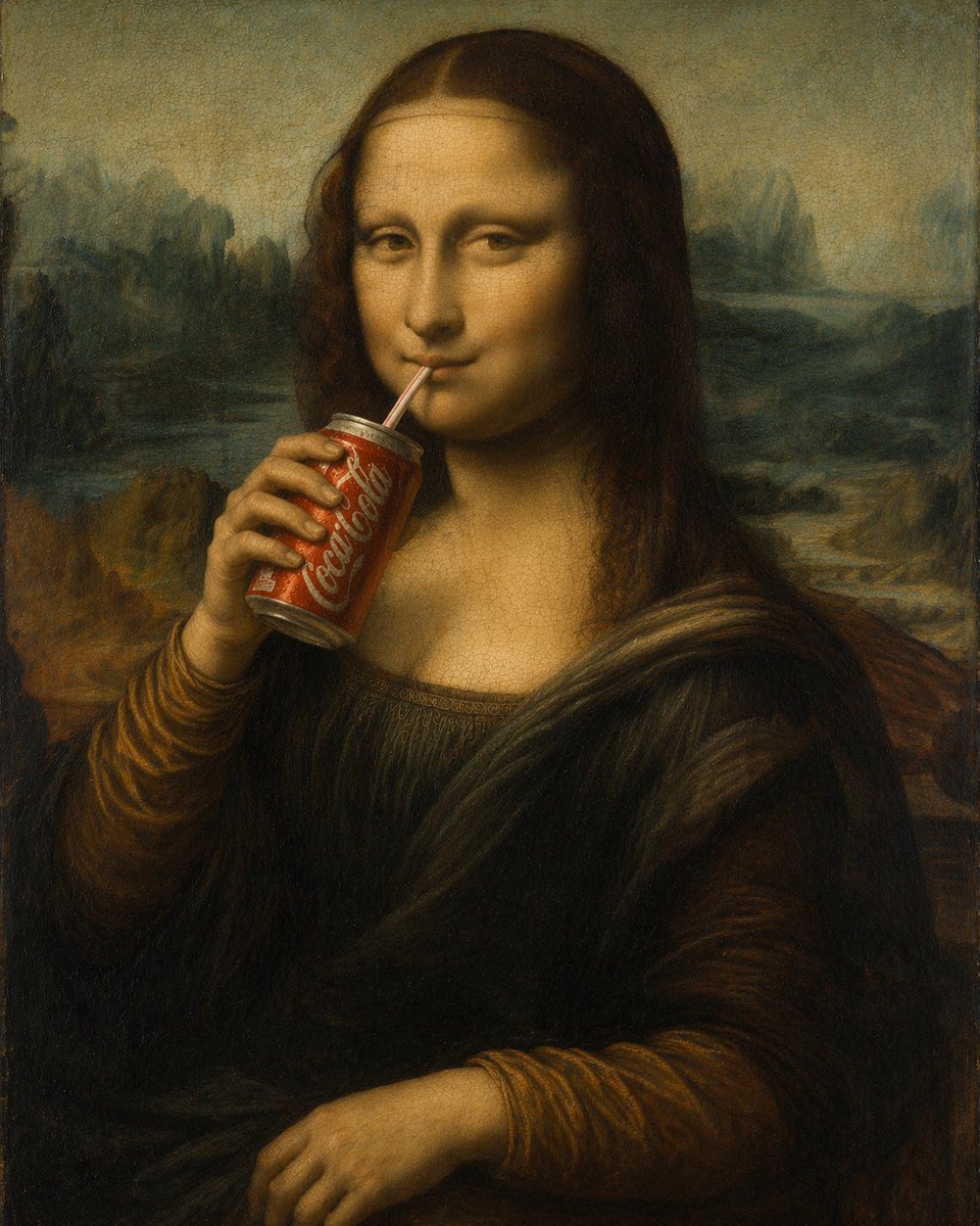 Generate an oil painting of Mona Lisa drinking cola