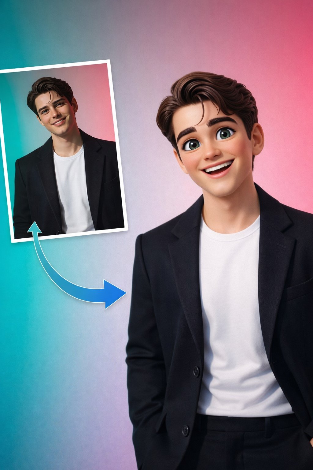 A stylized 3D cartoon portrait of a young man with short brown hair and expressive gree...
