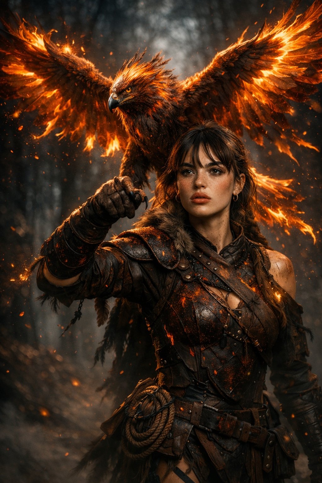 A cinematic fantasy scene of a fierce female use image for face reference warrior falco...
