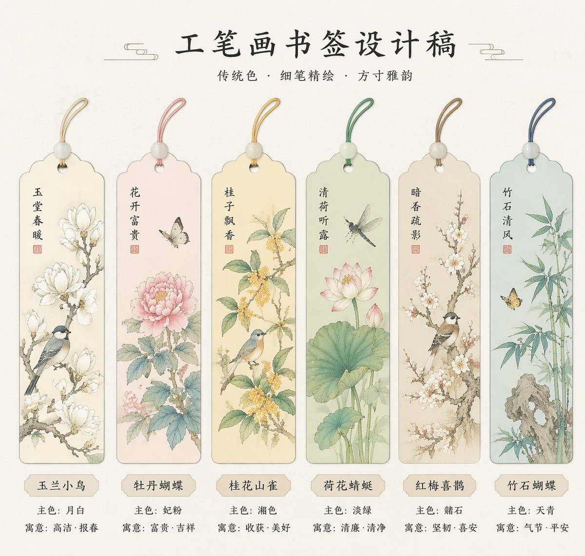 Generate a series of design drafts for Gongbi painting bookmarks