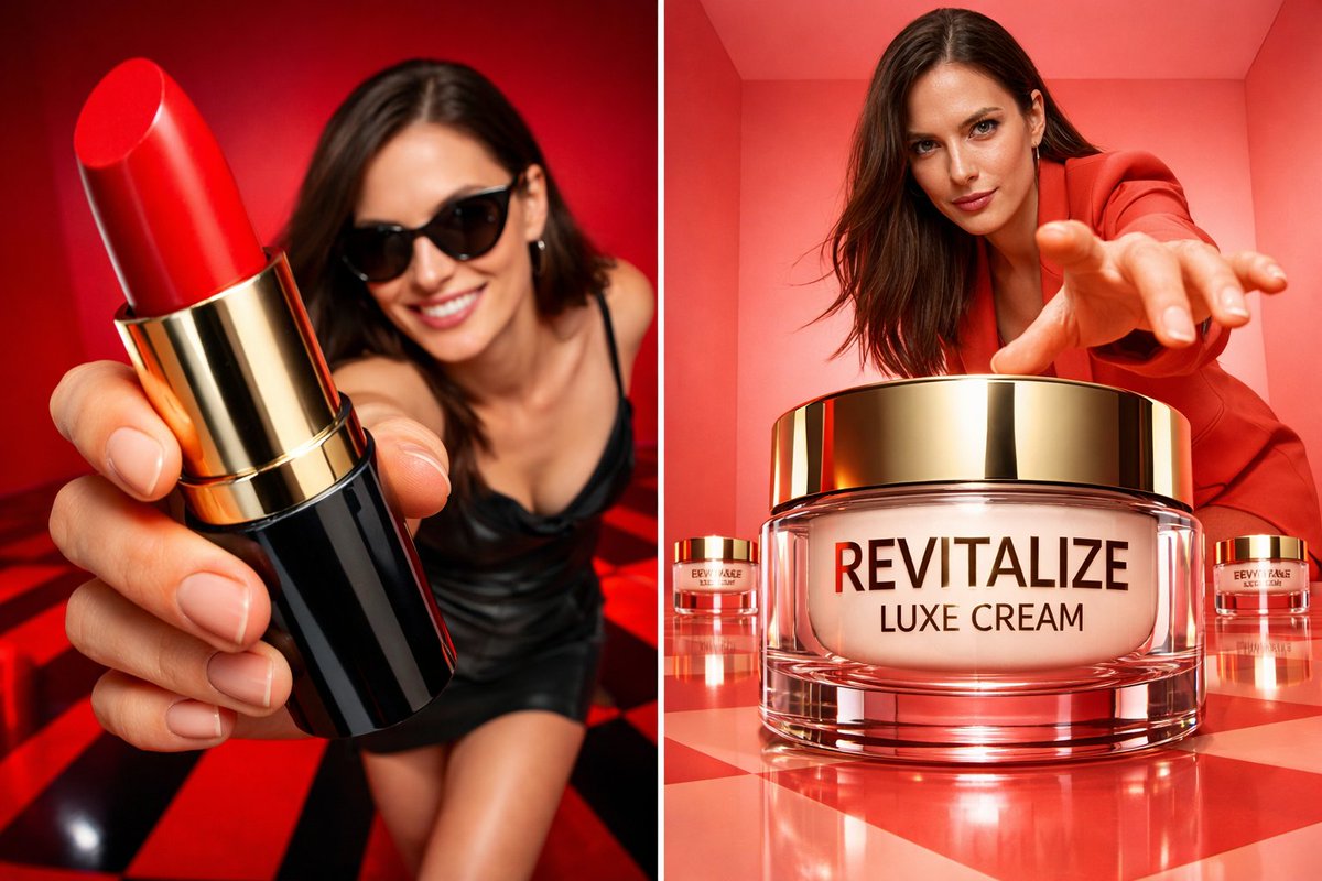 Photorealistic bold beauty campaign using uploaded model as exact identity reference