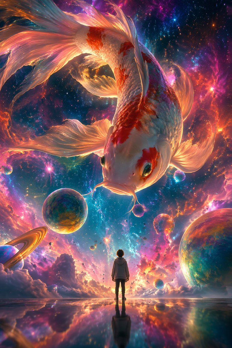 A surrealist digital illustration style, adopting a low-angle upward perspective