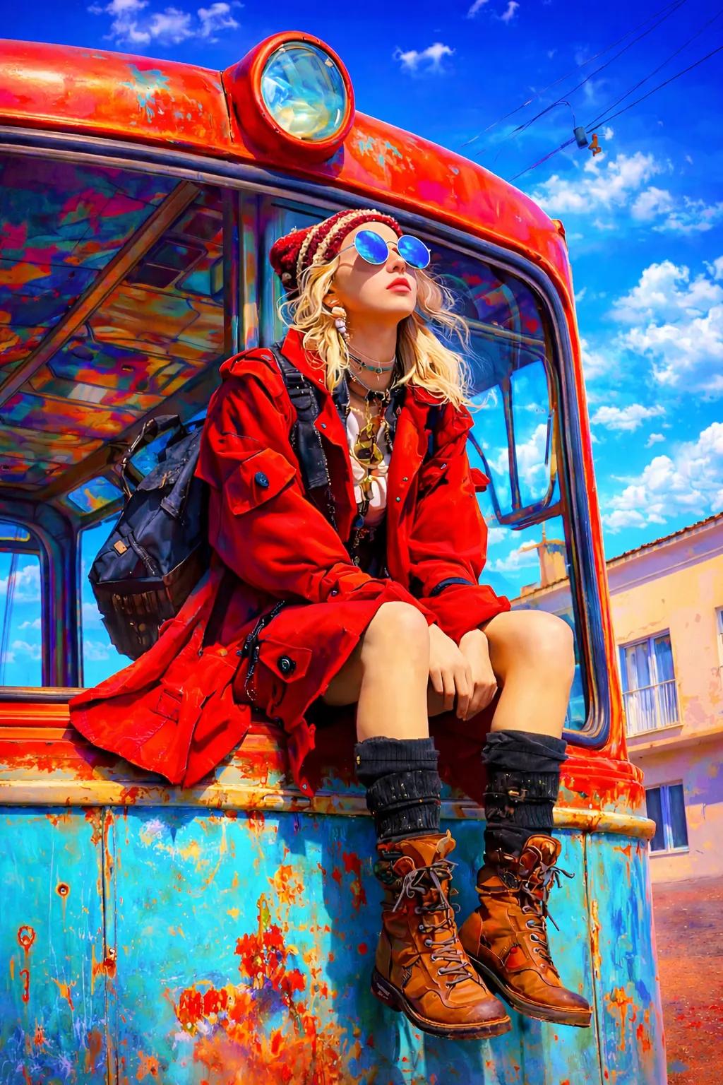 A stylish young woman sitting on the front edge of an old vintage bus, wearing a long r...