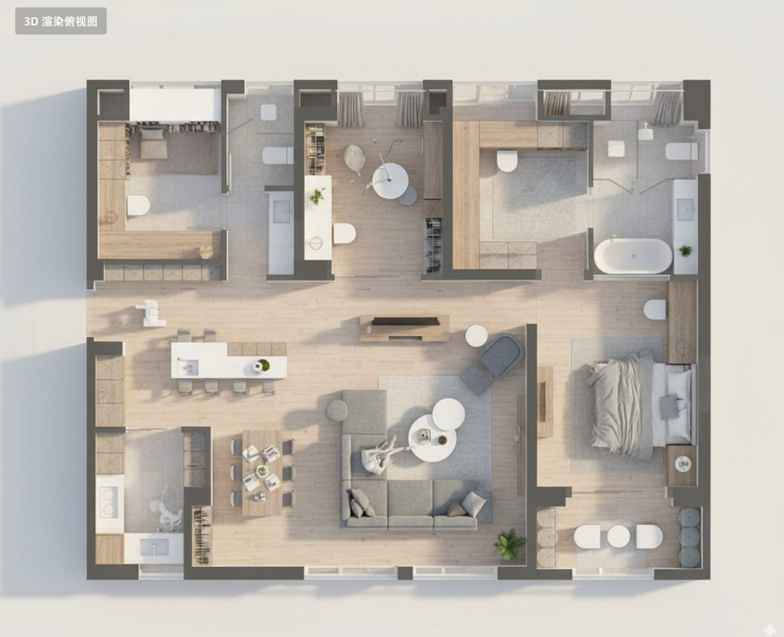 3D rendering of a floor plan. 2