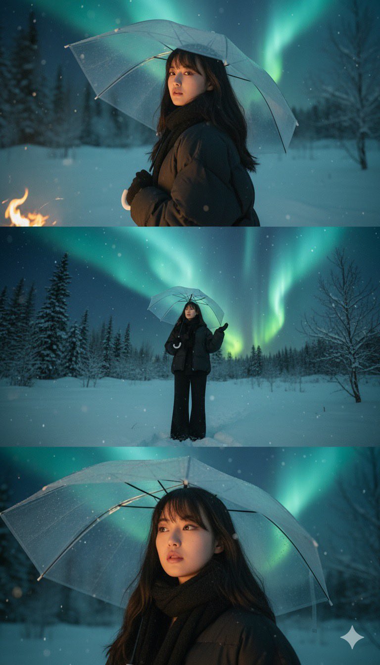 Triptych of a melancholic girl in an aurora-lit snowy landscape: hyper-realistic digital art rendering.
