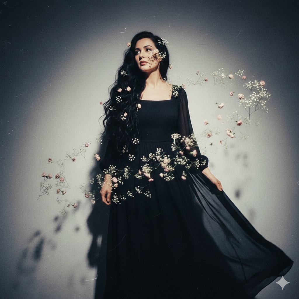 An art photo of a girl in a vintage film–style black long dress.