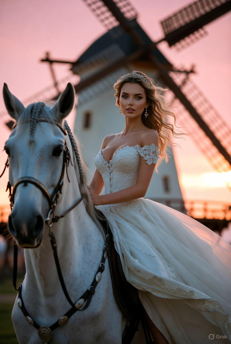 Hyper-realistic portrait of a woman riding a horse: white dress with a windmill sunset scene.