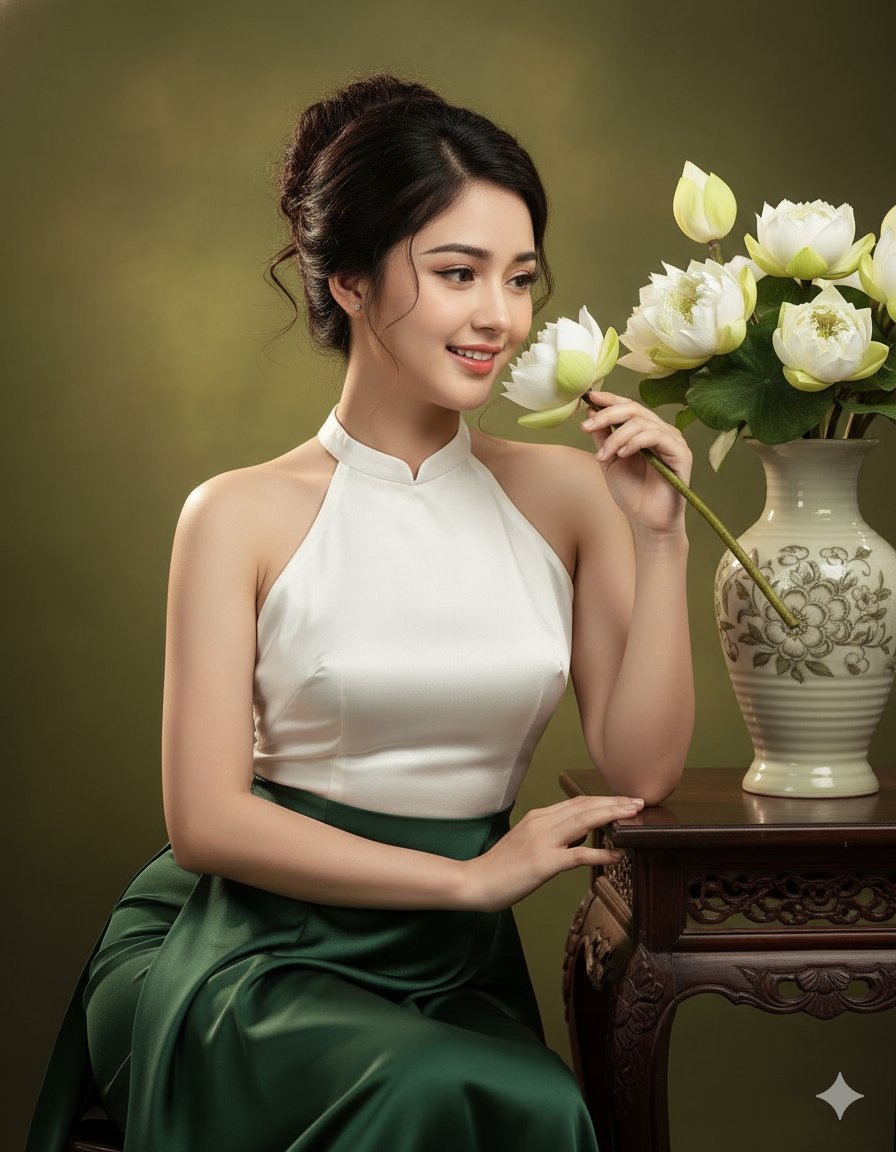 A surreal portrait of a Vietnamese woman with a white lotus, a serene and elegant artistic expression.