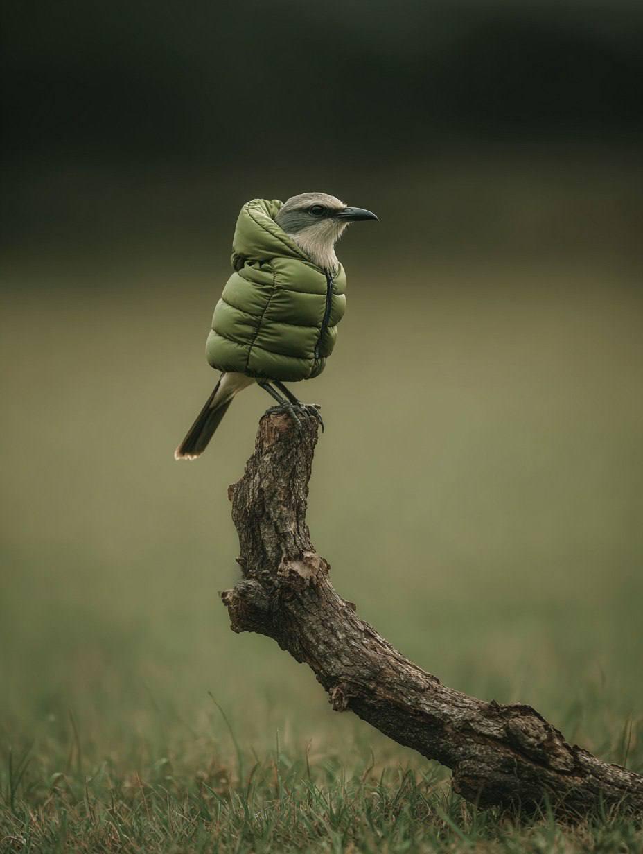 A bird wearing an inflatable down jacket: amusing moments in nature.