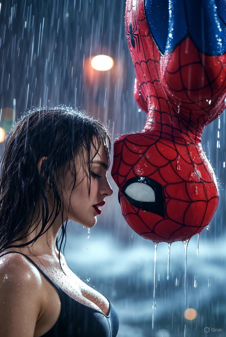 A hyperrealistic Spider-Man sharing an intimate moment with a woman on a rainy night.