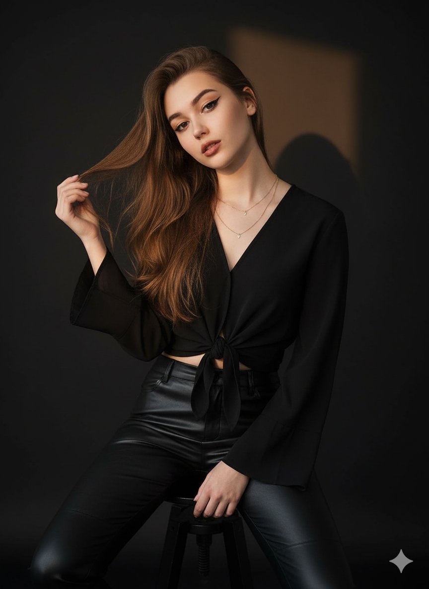 High-end fashion portrait photography: the perfect blend of understated dramatic lighting and a minimalist backdrop.
