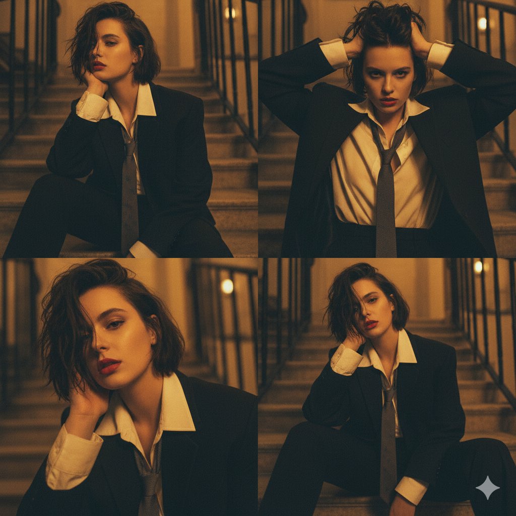 Cinematic mood collage: vintage-style androgynous fashion portraits of women.