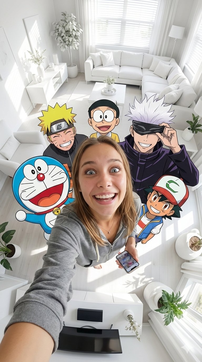 Ultra-realistic anime character group shot: a creative fisheye selfie presentation.