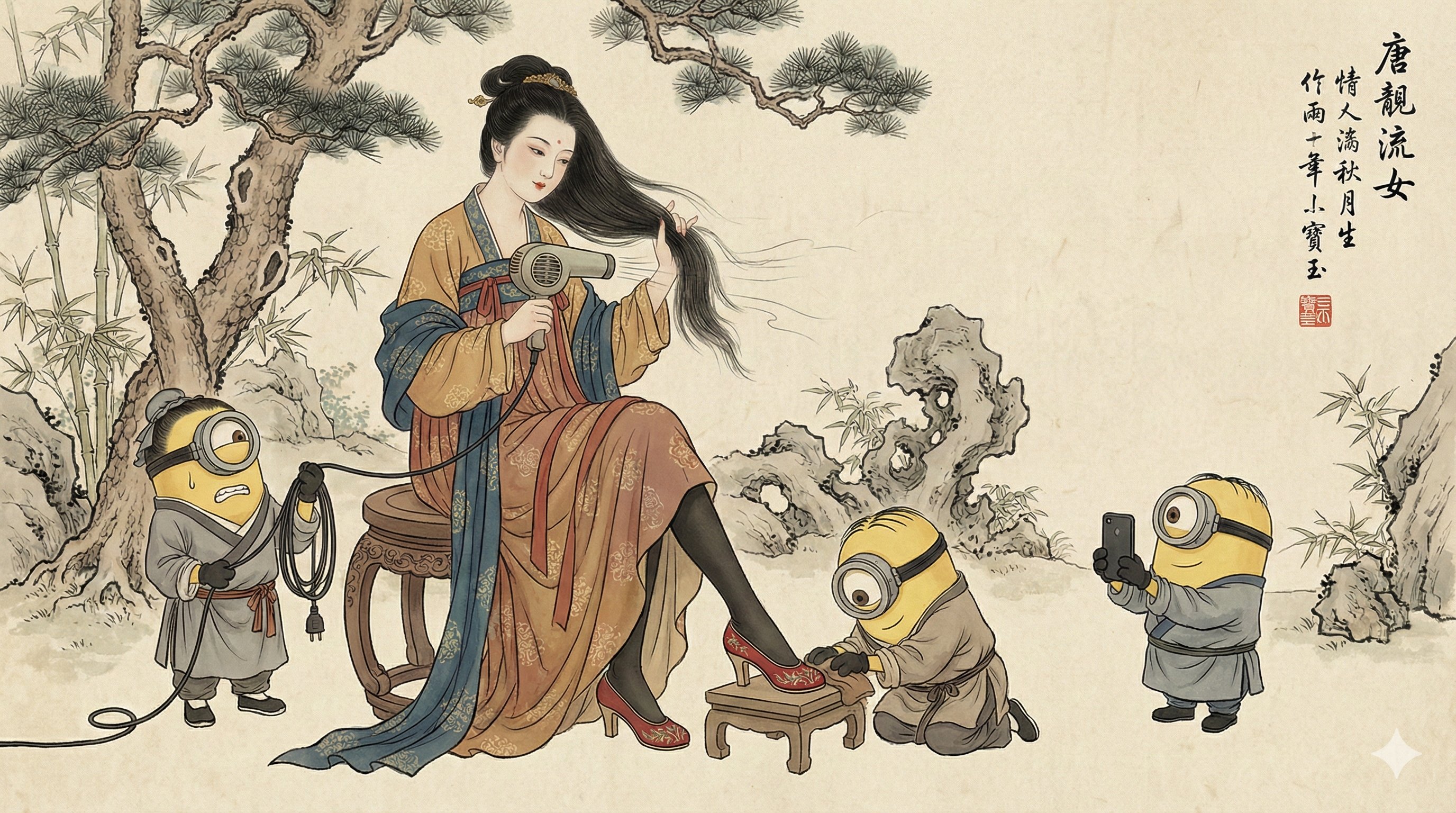 A fusion of ancient and modern: a humorous painting of a Tang dynasty noblewoman and a modern hair dryer.