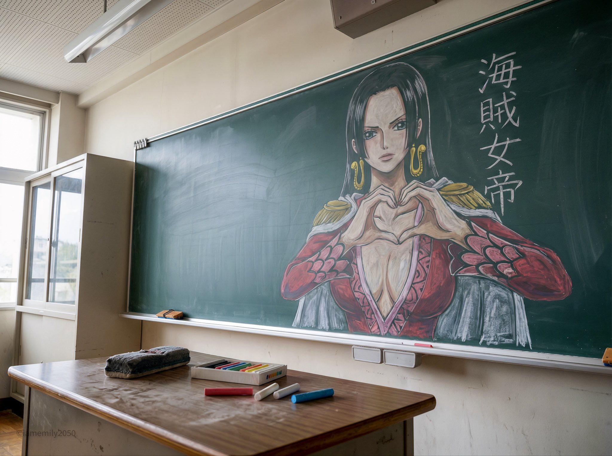 Chalkboard chalk art: a delicate rendering of Boa Hancock from One Piece.