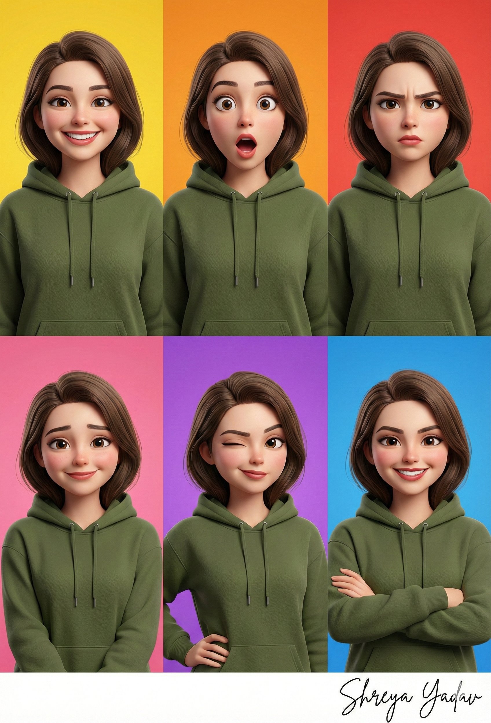 One face, six emotions: AI-generated collage artworks of women in six moods.
