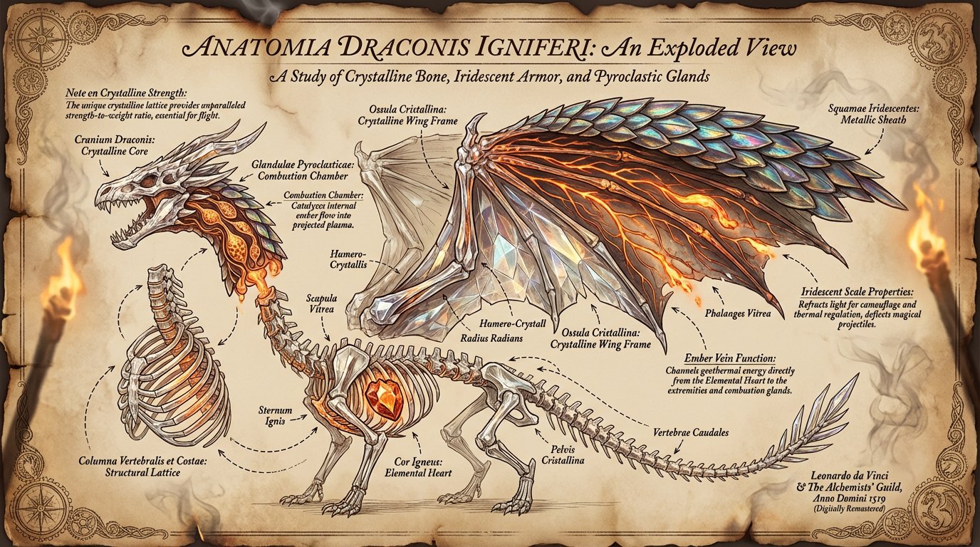 Exploded view of a dragon's anatomy: a fusion of fantasy realism and Da Vinci-style.