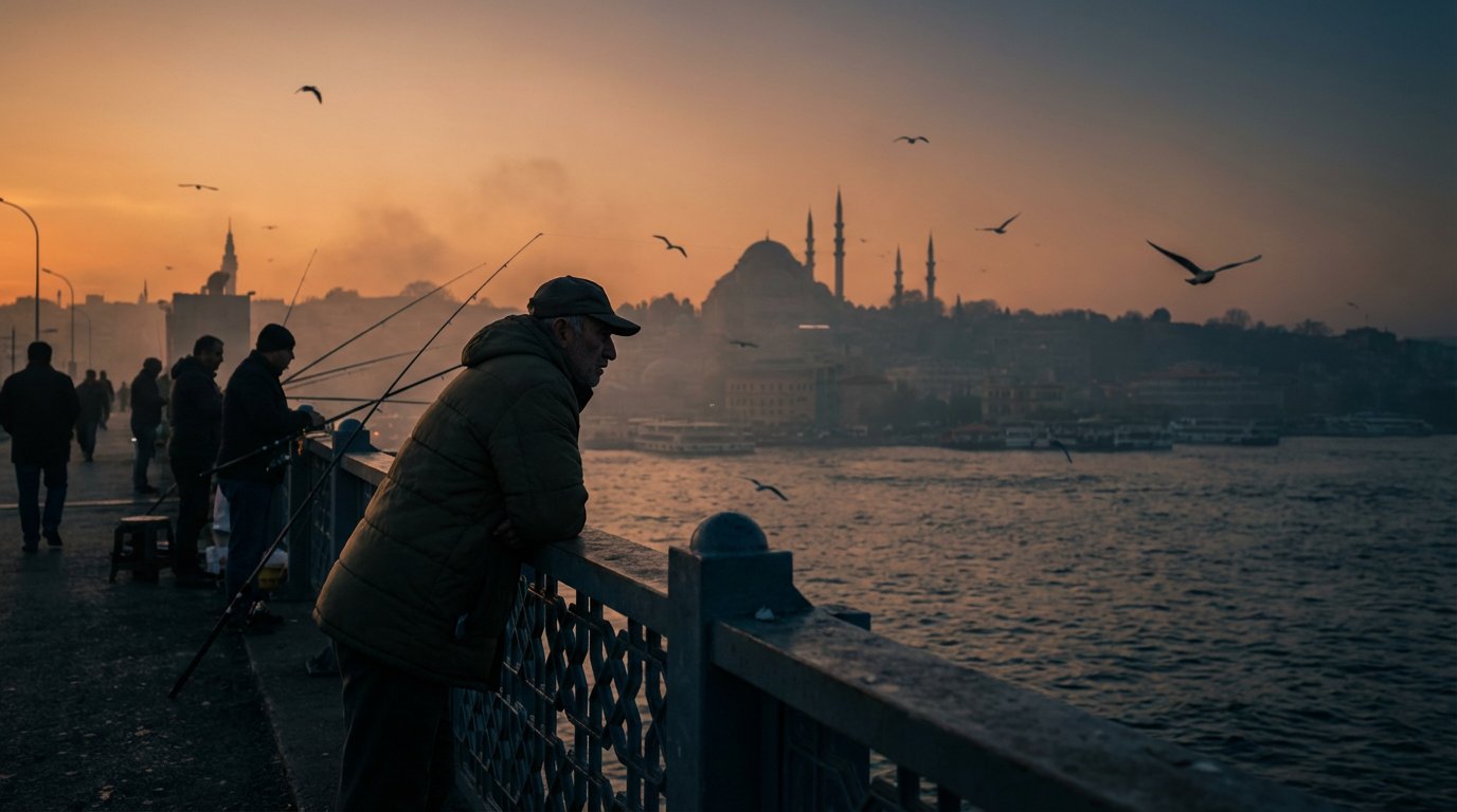 A cinematic silhouette shot of local fishermen lining the Gal... 2