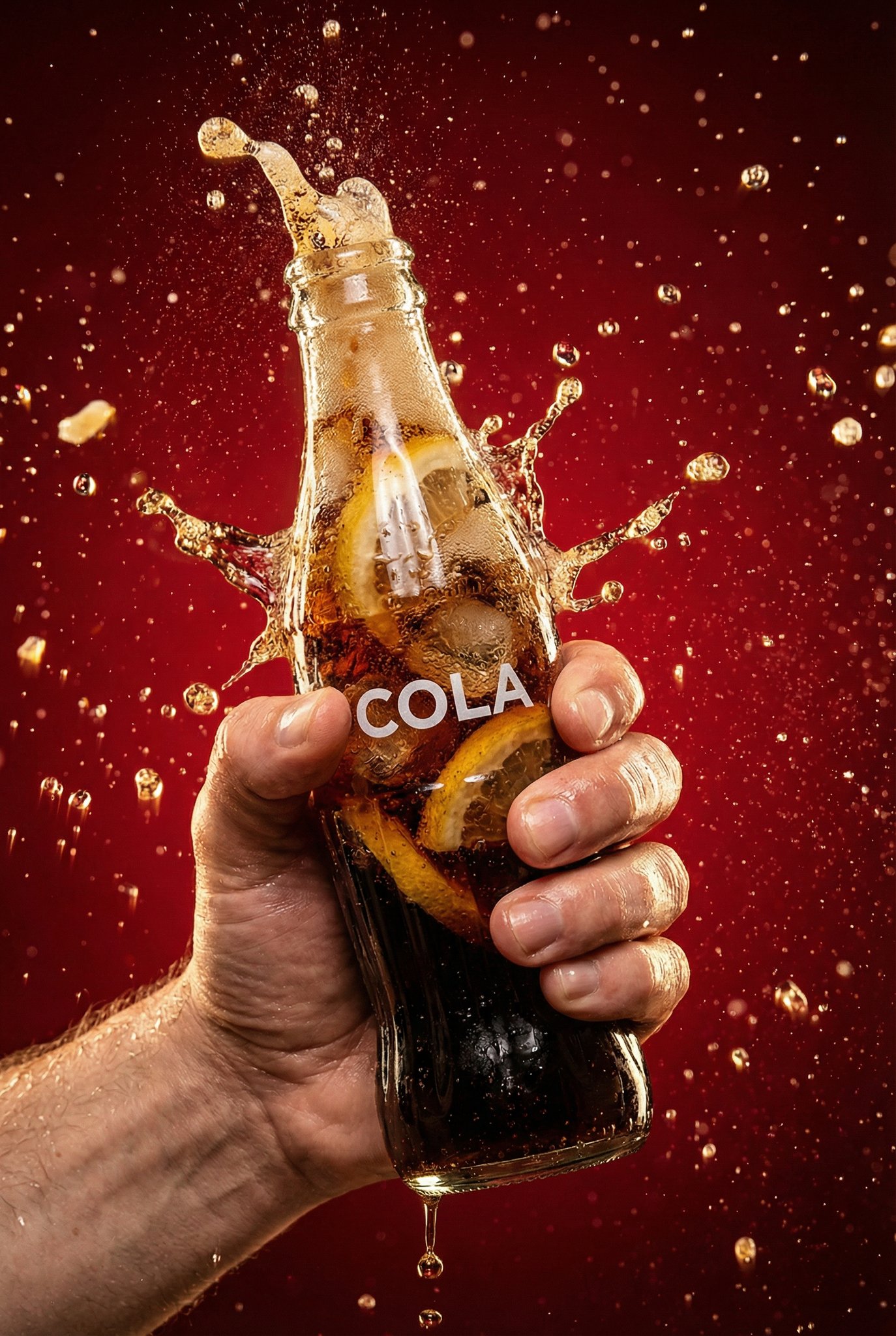 Freeze-frame of an ultra-cold cola splash: a high-end, commercial-photography-grade moment of the water splash. 2