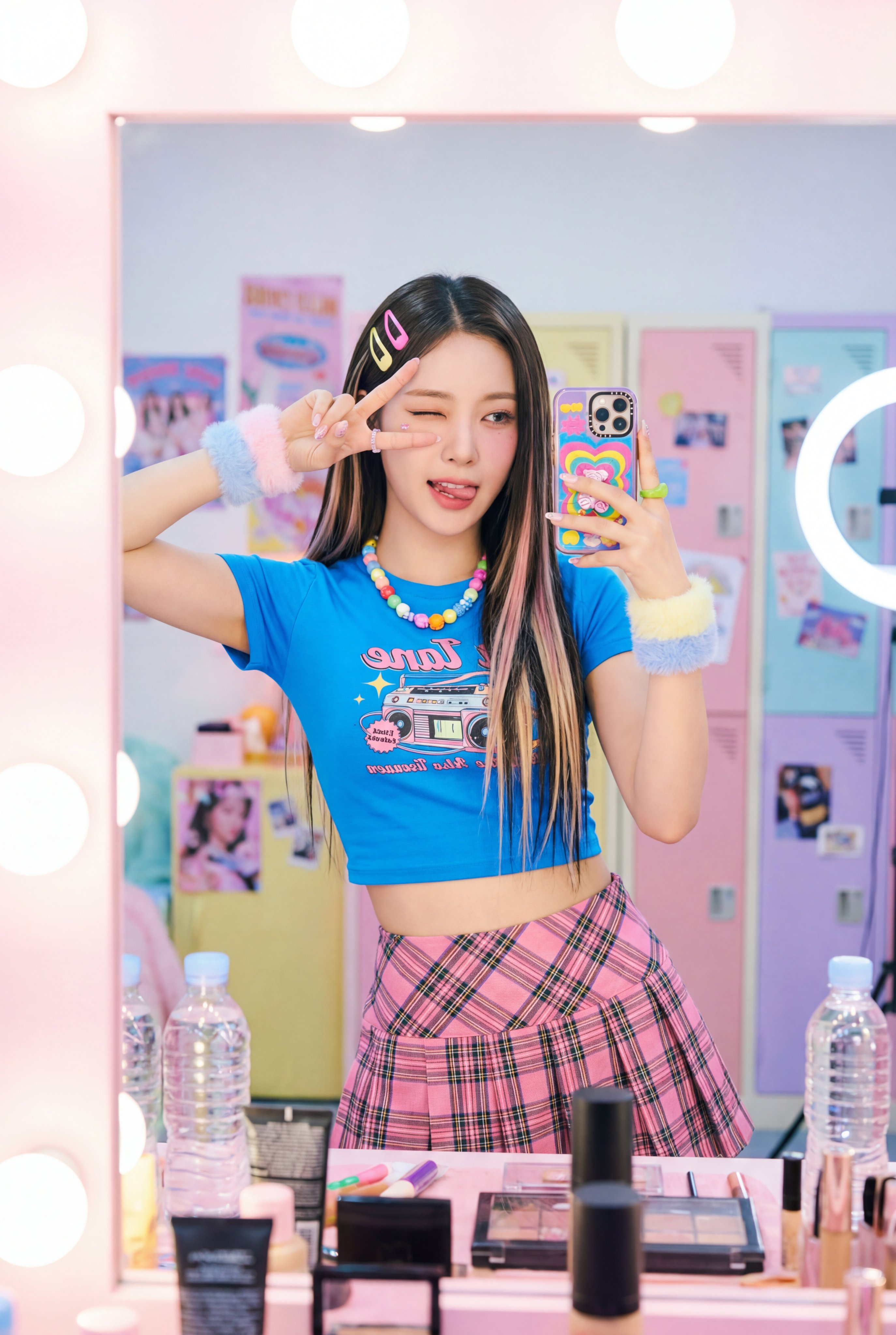 8K mirror selfie: a high-saturation, energetic backstage scene in the style of a K-Pop idol.