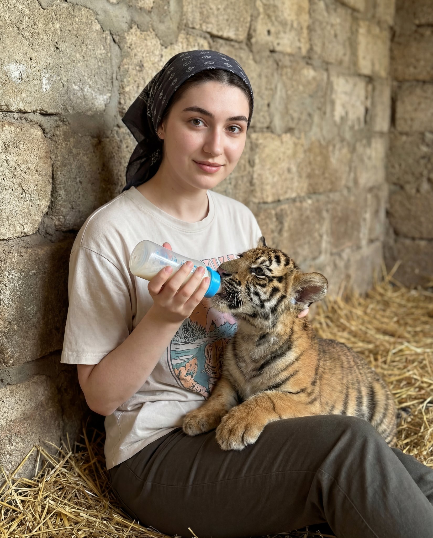 { "scene type": "lifestyle portrait with animal interaction",...