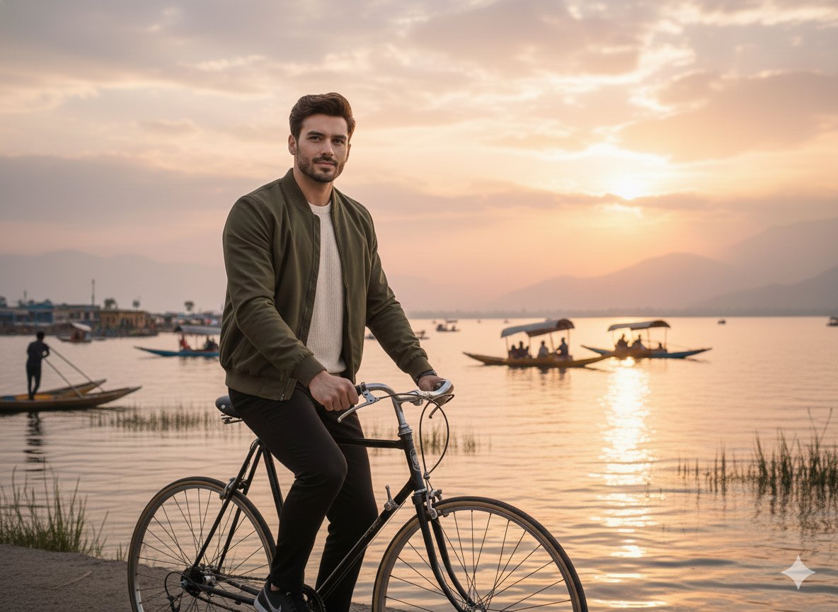 A realistic cinematic photograph of a handsome man riding a b...
