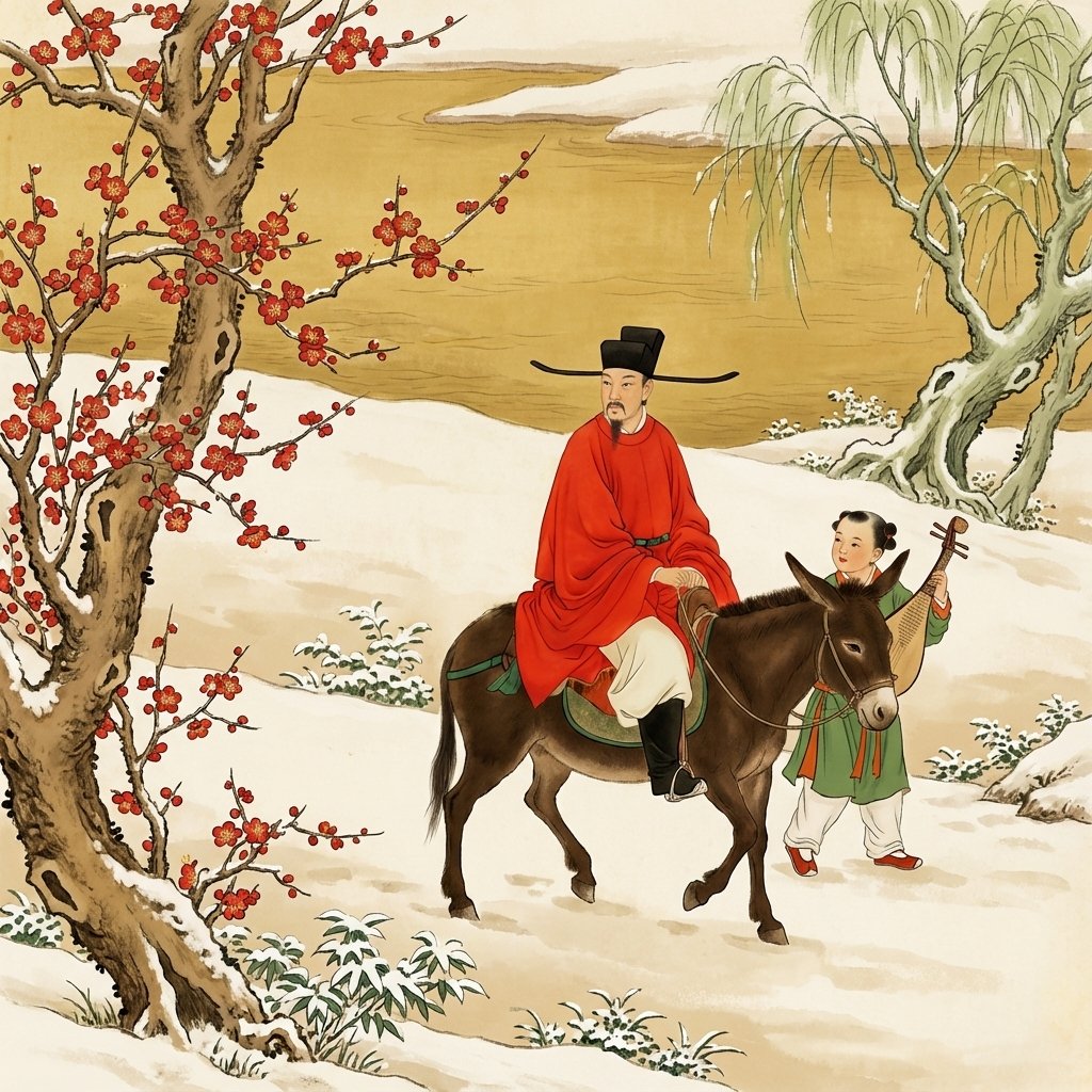 Chasing Plum Blossoms in the Snow Nano Banana Pro Prompt: 1. Basic Style (Art Style) • Painting School: Mogu Style (bone-less painting style) • Techniques: Chinese traditional ink wash and heavy-color diffusion, emphasizing the use of