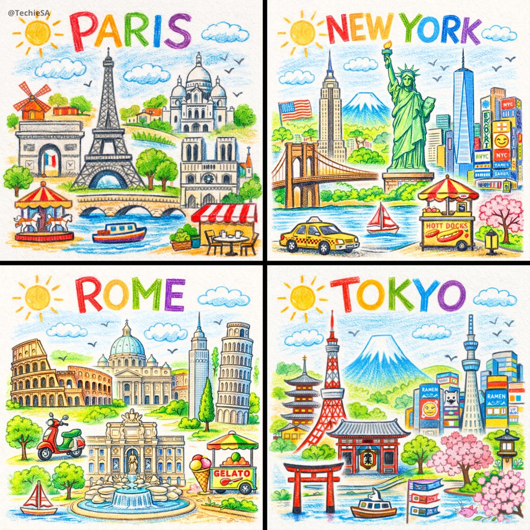 A neat, colorful crayon and colored pencil drawing of [CITY],...