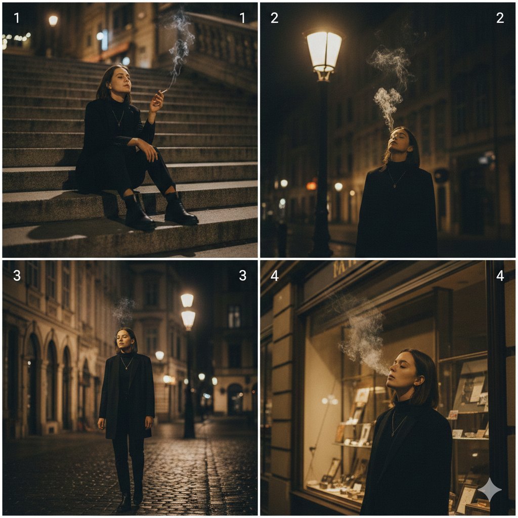 A cinematic 4-panel photo collage showing a quiet, introspective city walk, with smoking as a ch...