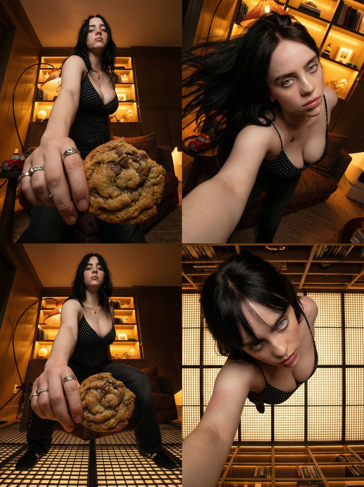 Create a 2x2 cinematic grid featuring the same characters and scene, must be all the frame with...