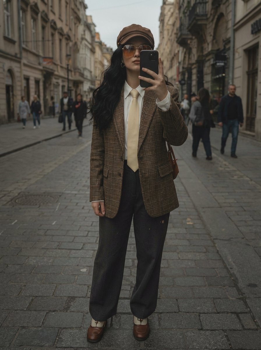 A stylish woman taking a mirror selfie on a European cobblest...