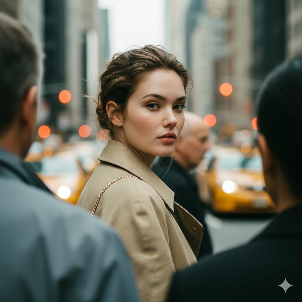 Core Intent: Create a photorealistic candid street-fashion portrait with extreme shallow depth o...