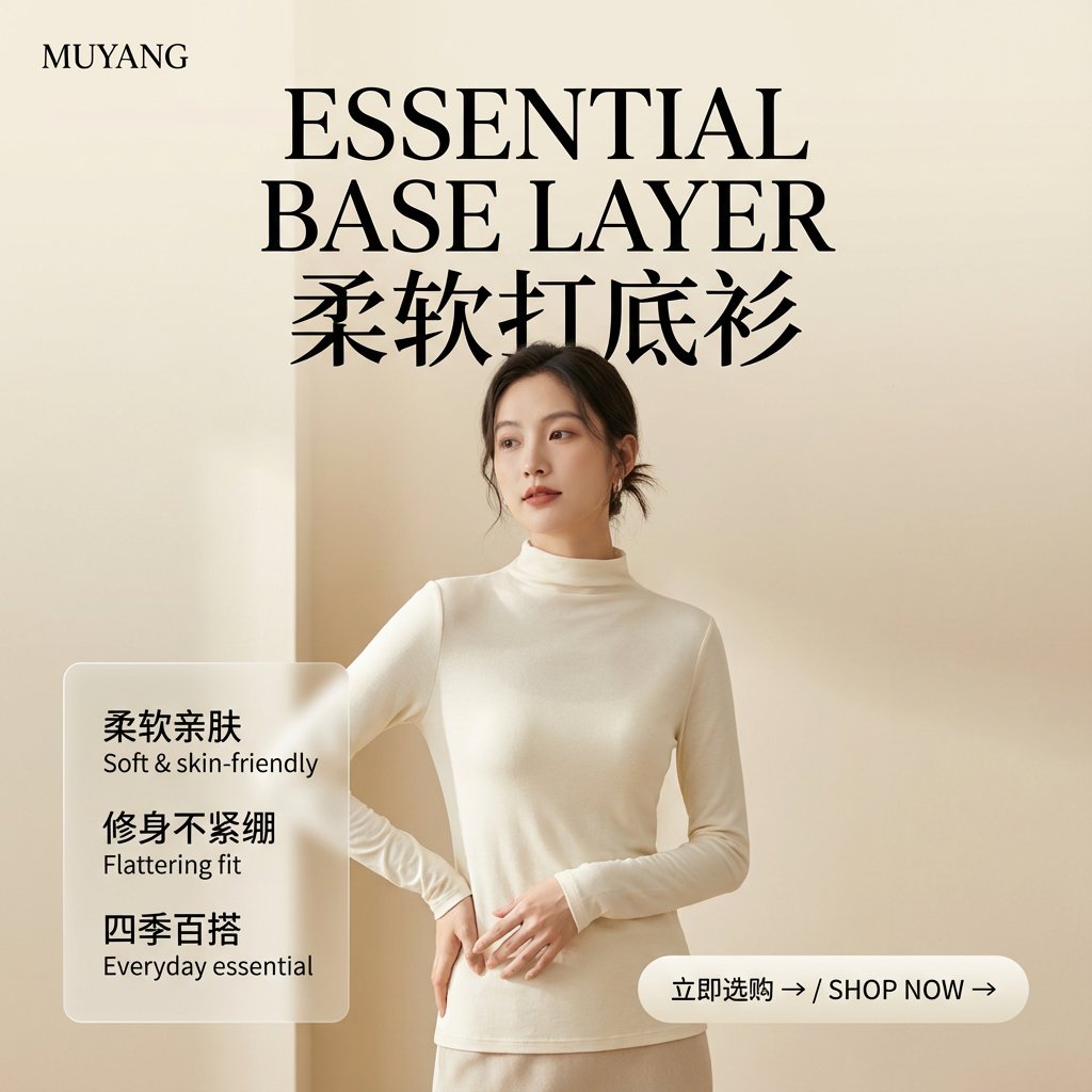 9:16 portrait-oriented, high-end minimalist fashion product poster. Soft studio natural daylight, warm off-white gradient background (cream and oatmeal), the image is extremely clean. Delicate Asian female model (...).