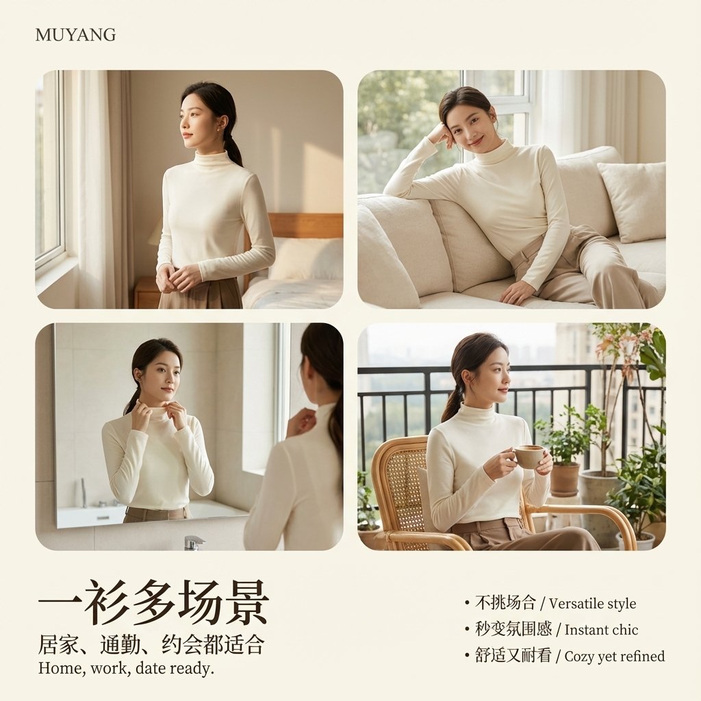 9:16 portrait-oriented, high-end minimalist fashion product poster. Soft studio natural daylight, warm off-white gradient background (cream and oatmeal), the image is extremely clean. Delicate Asian female model (...). 4