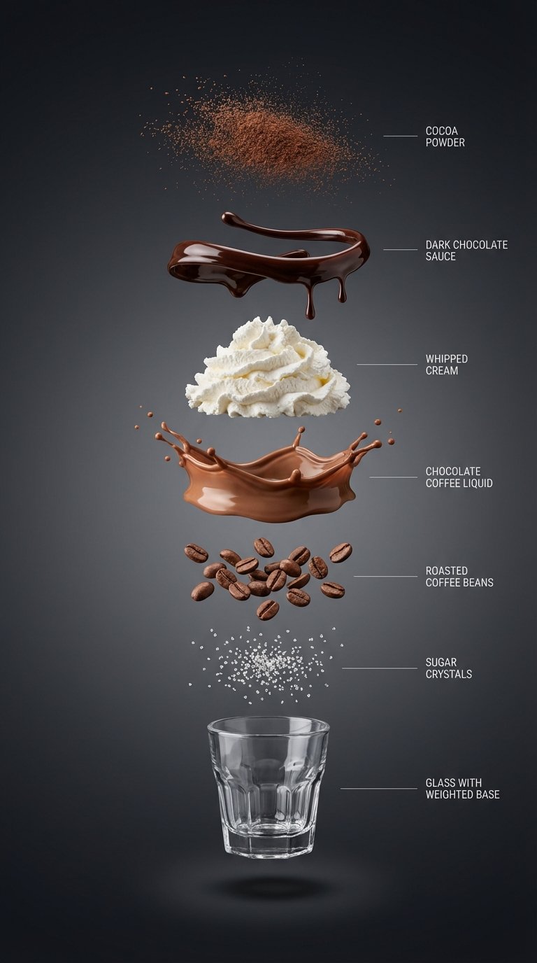 subject: Hyperrealistic vertical exploded-view diagram of a chocolate coffee beverage