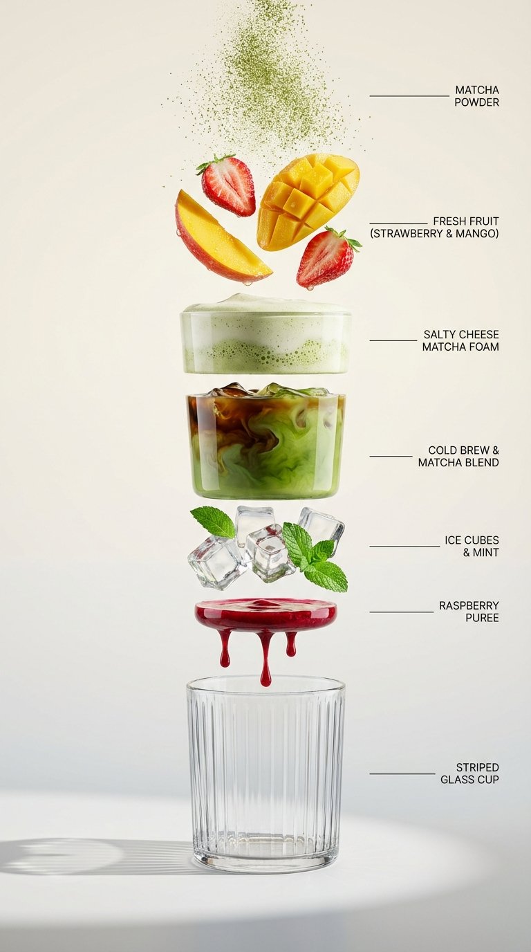 subject: Hyperrealistic vertical exploded-view diagram of a chocolate coffee beverage 2