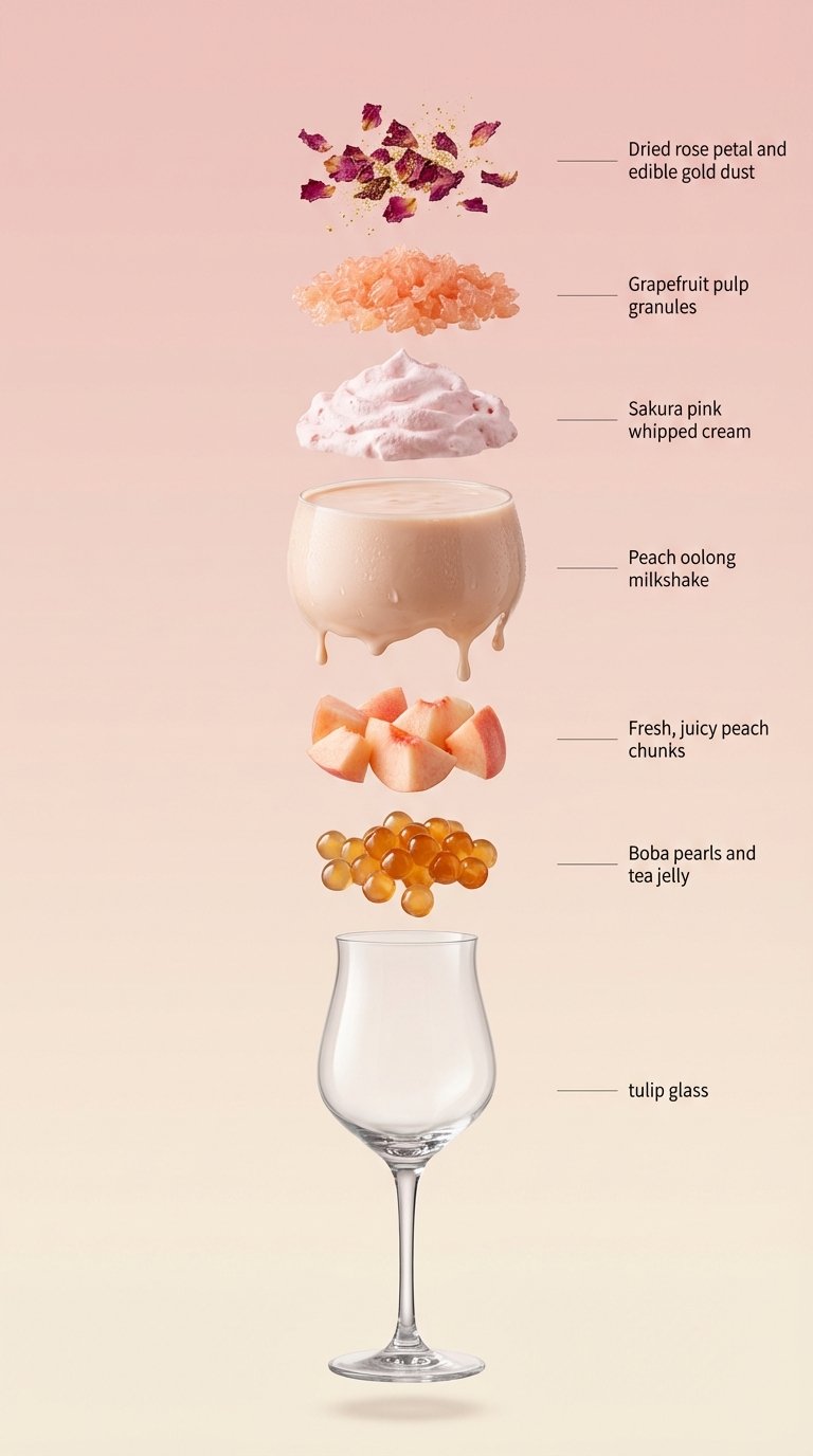 subject: Hyperrealistic vertical exploded-view diagram of a chocolate coffee beverage 3