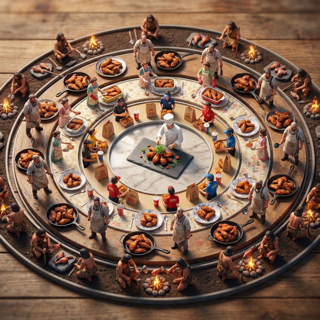 Use the Nano Banana Pro to visualize a miniature landscape of food history across five eras.