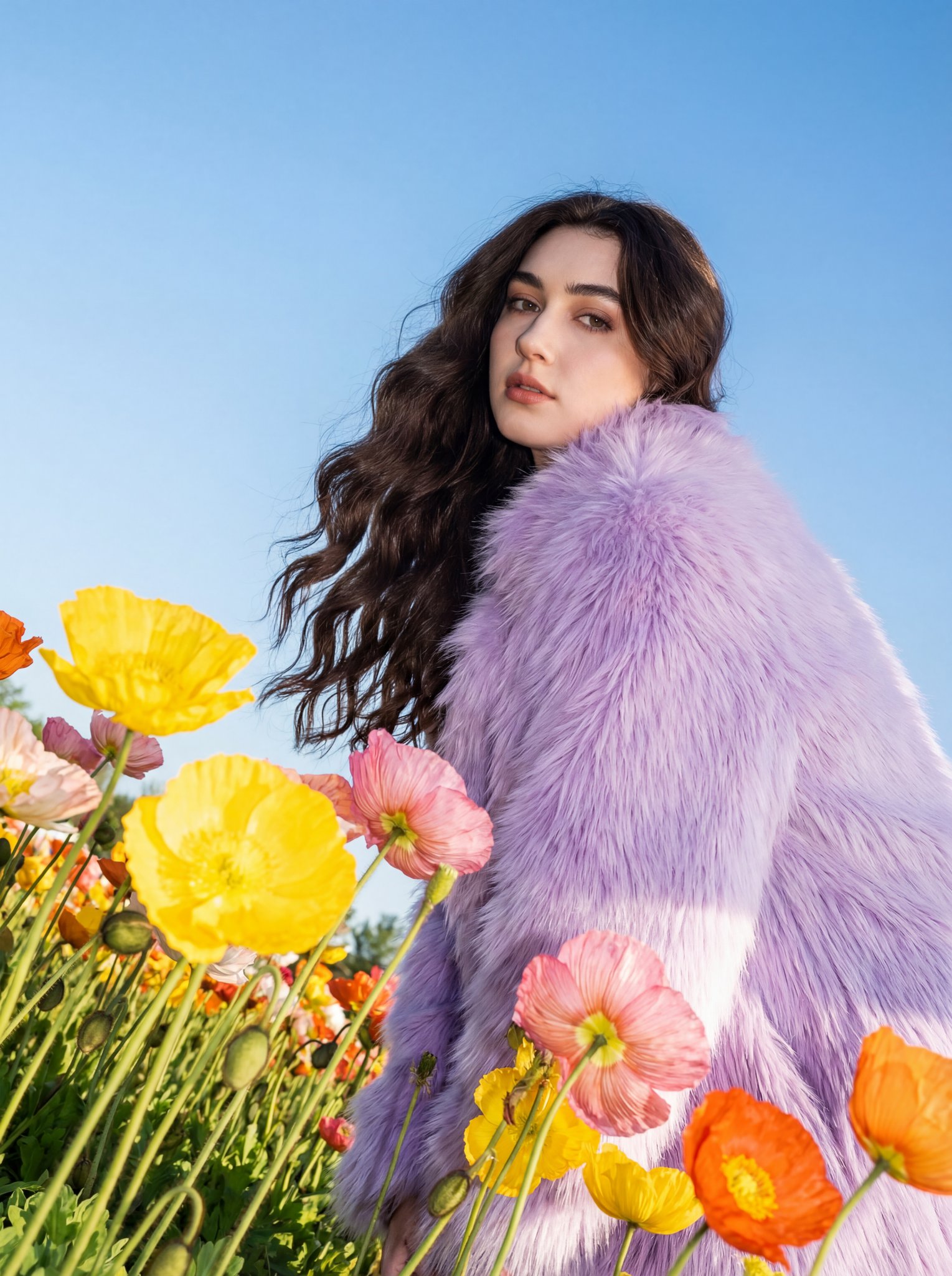 Outdoor fashion portrait in a flower field: a high-energy sea of flowers scene under intense direct flash. 2