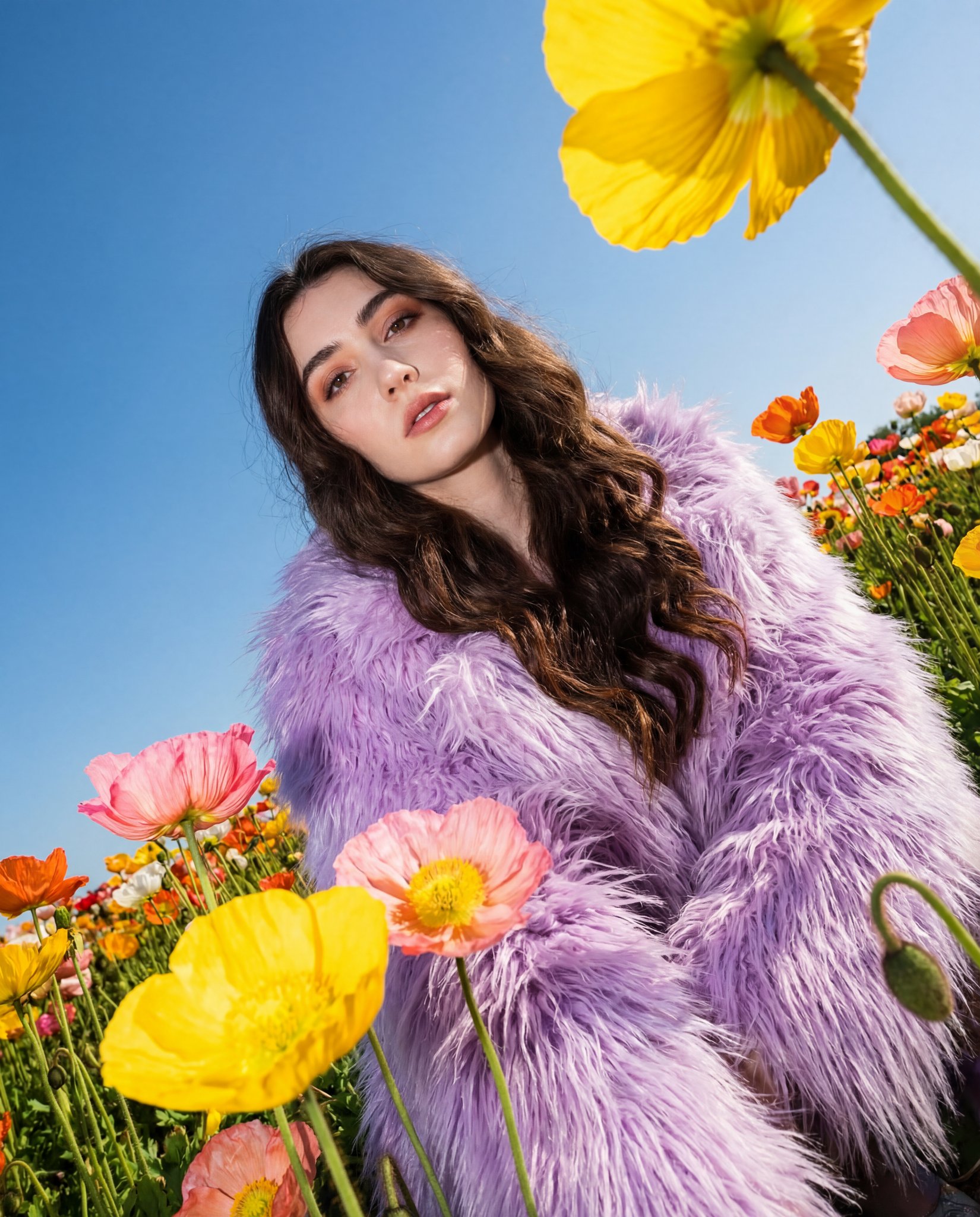 Outdoor fashion portrait in a flower field: a high-energy sea of flowers scene under intense direct flash. 3