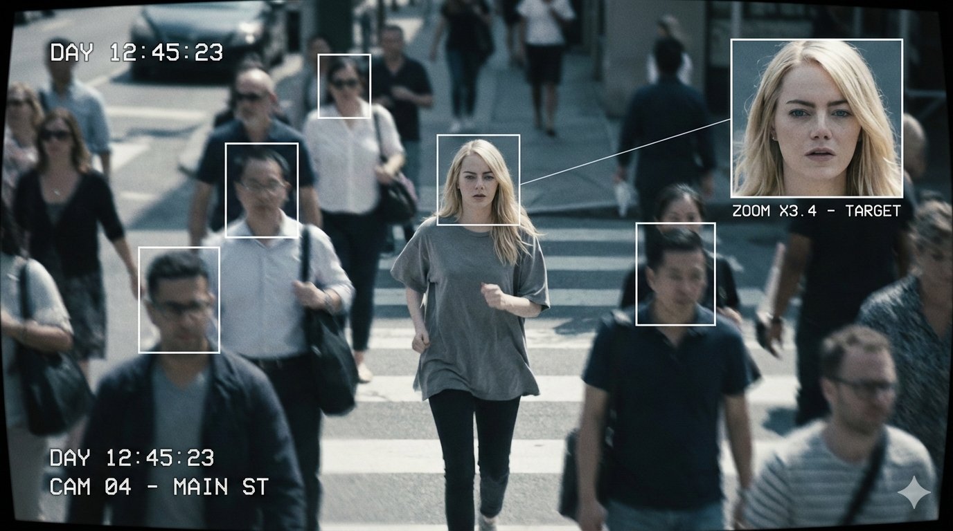 Celebrity face recognition tagging and zoomed-in focus effects in city surveillance footage.