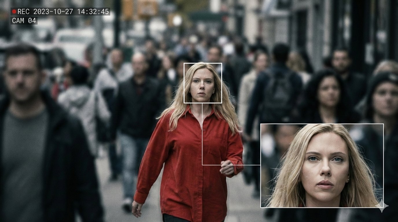 Celebrity face recognition tagging and zoomed-in focus effects in city surveillance footage. 2
