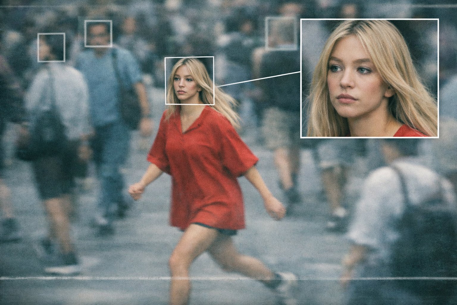 Celebrity face recognition tagging and zoomed-in focus effects in city surveillance footage. 3