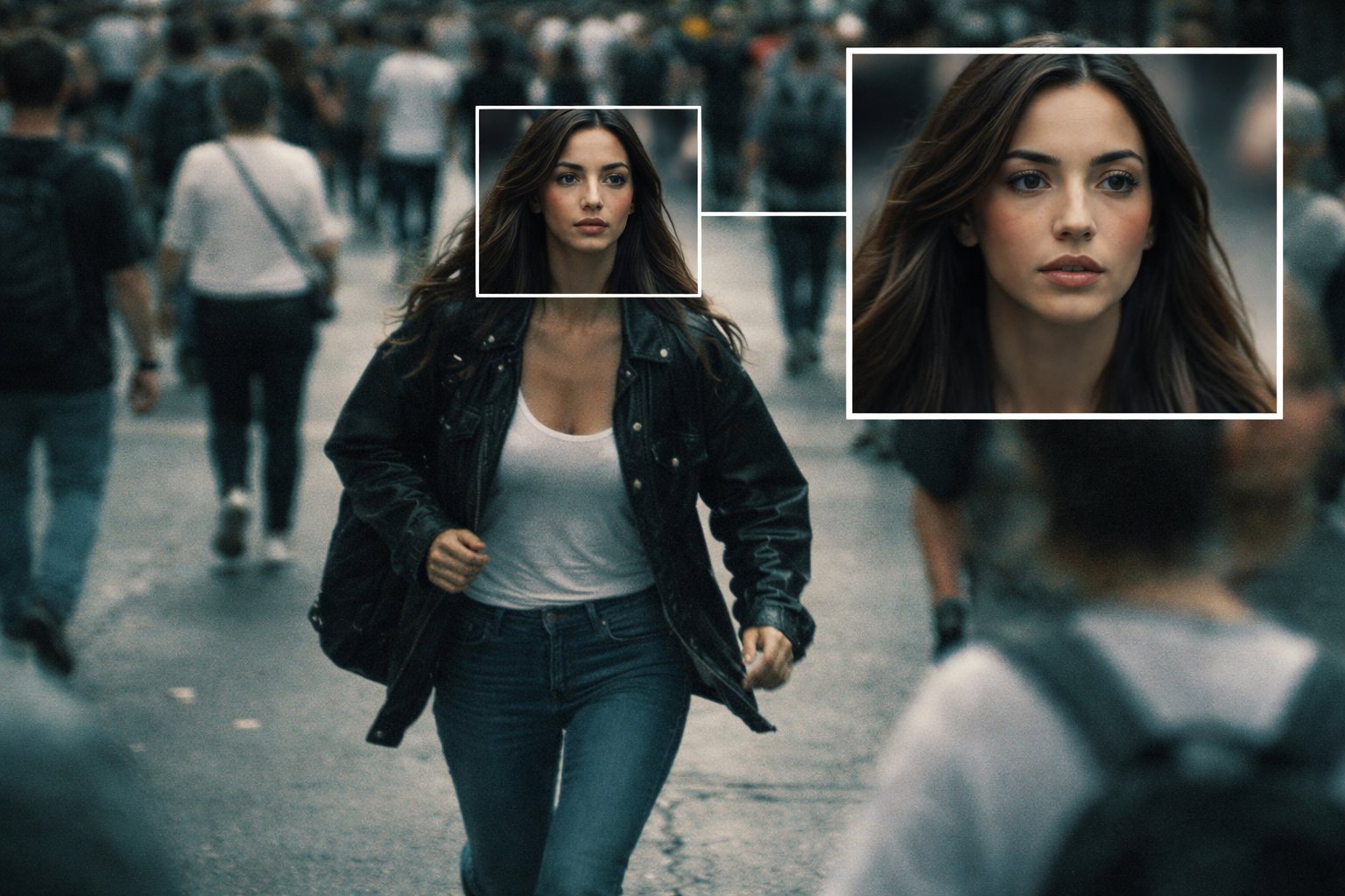 Celebrity face recognition tagging and zoomed-in focus effects in city surveillance footage. 4